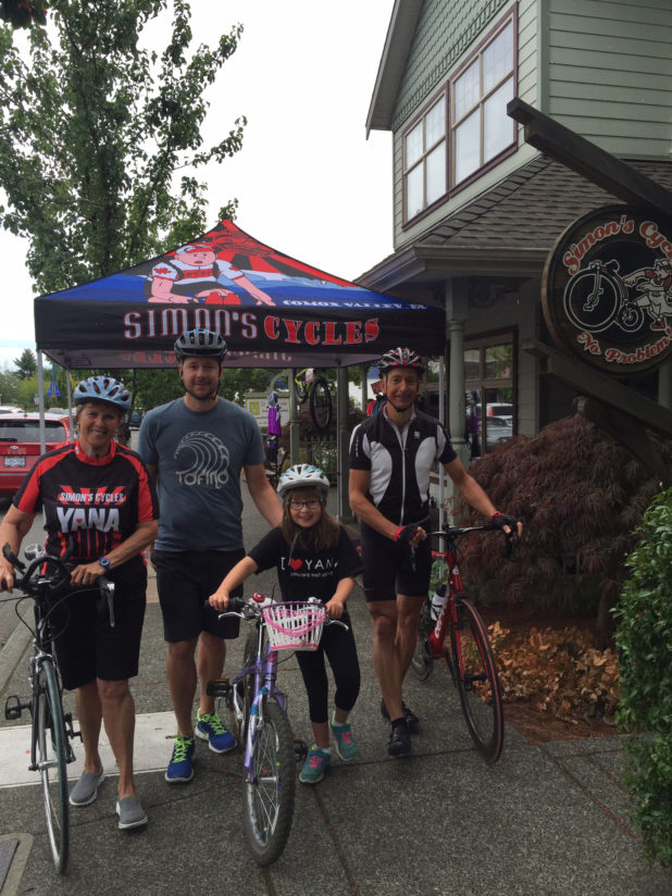 The Comox Valley gets on their bikes for YANA, from left to right: volunteer, Jill Grant, 25km riders Aaron and Sophie Clark, sponsor and 100km rider Dr. Andreas Conradi.